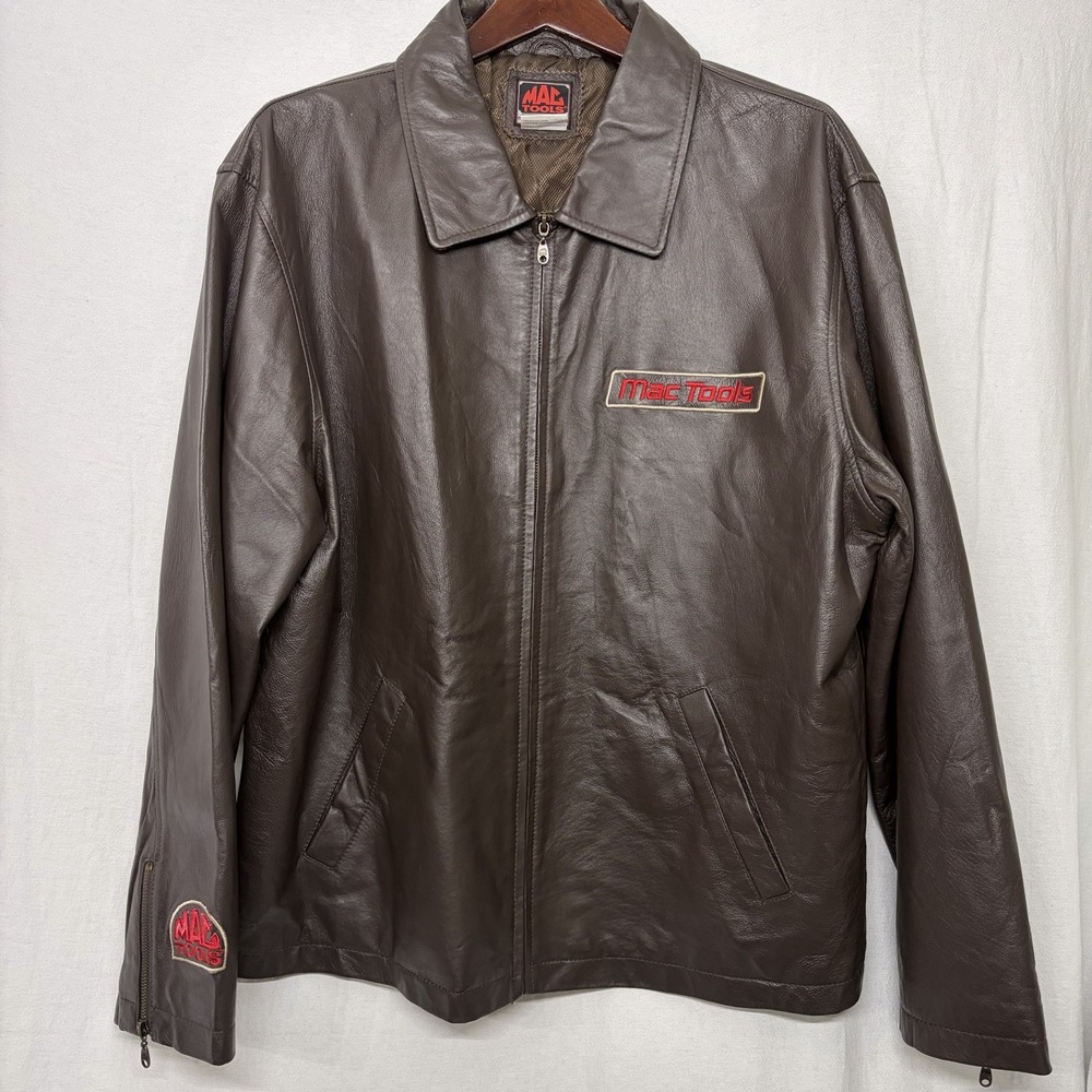 VTG‎ Mac Tools Leather Lined Jacket Mens L Brown Full Zip Wrenches Logo Tools